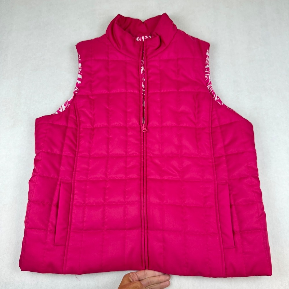 Jones New York Sport Hot Pink Quilted Puffer Vest XL Full Zip Mock Neck Paisley